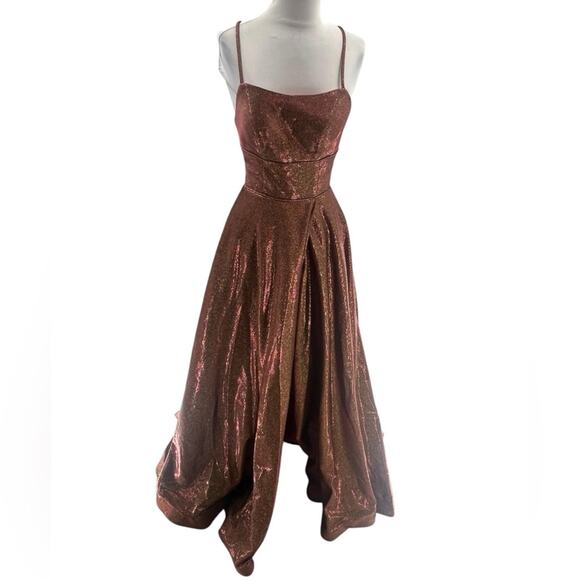 Madison James metallic lace up back slit front gown sz 0 - Picture 2 of 7